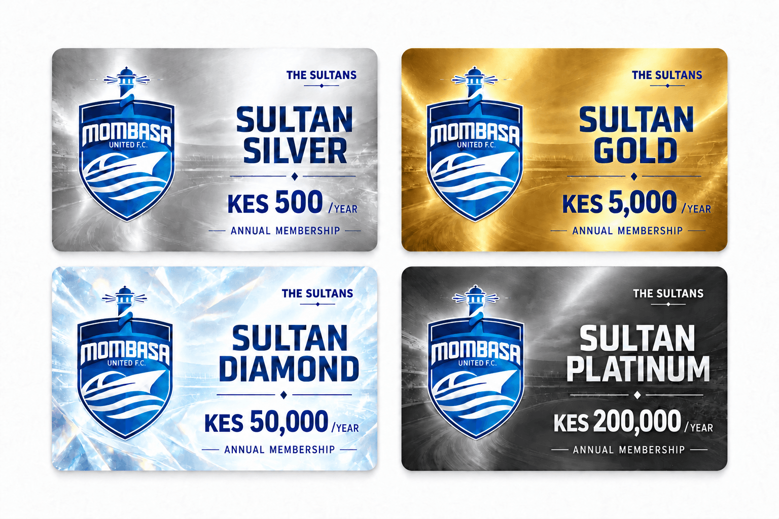 The Sultans annual membership in ascending price order: Silver KES 500, Gold KES 5,000, Diamond KES 50,000 and Platinum KES 200,000