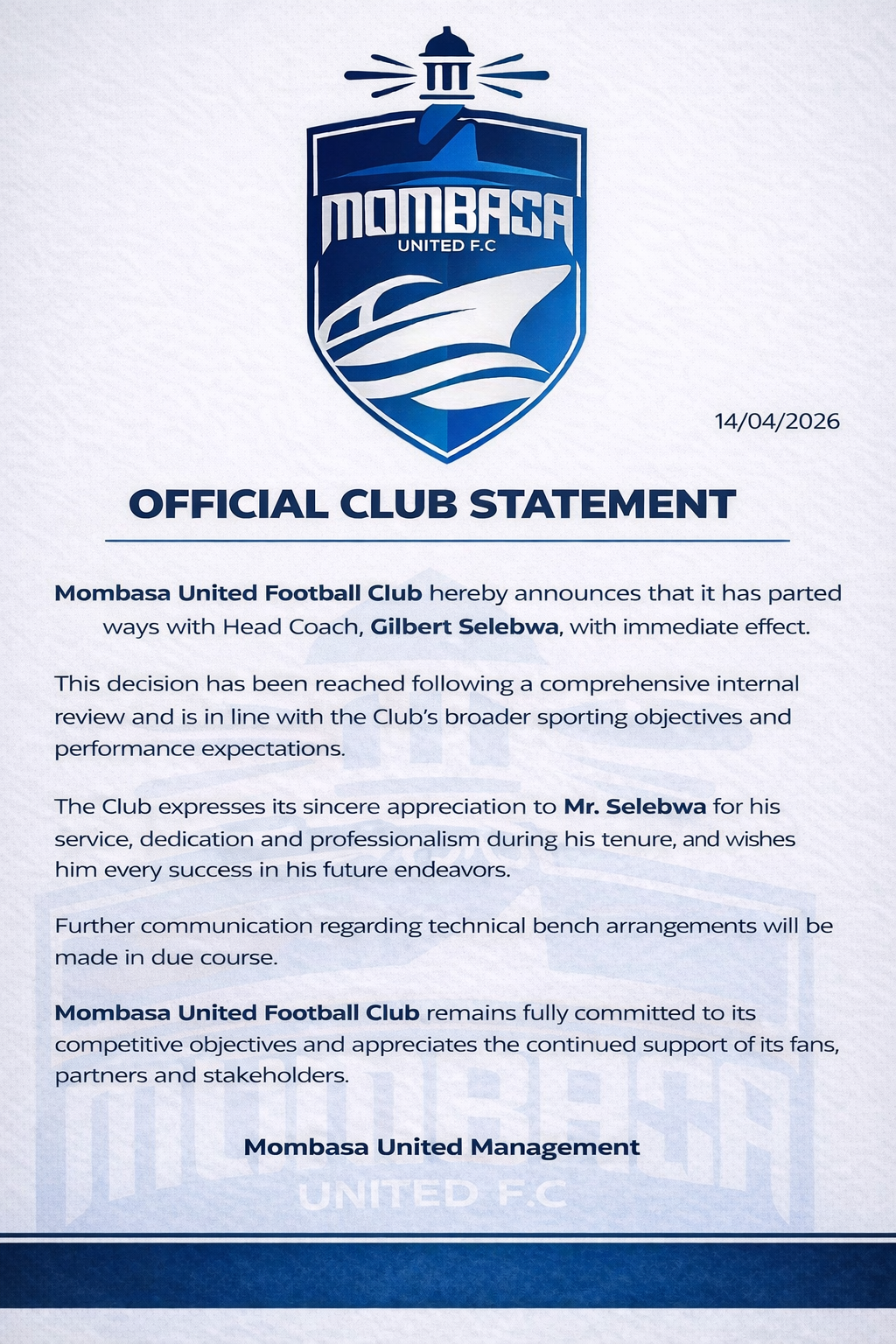 Official Club Statement