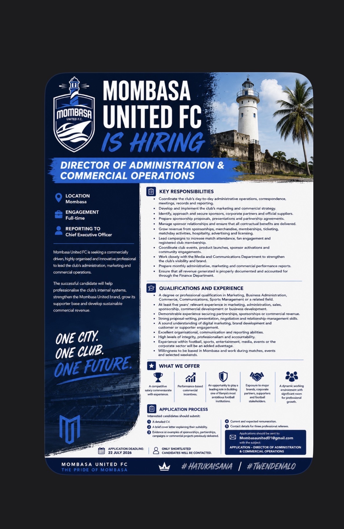 Mombasa United FC Begins Search for Director of Administration & Commercial Operations